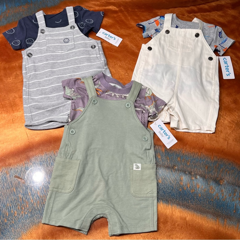 NWT Carters Bundle tops and short overalls size 9 month summer spring 3 sets
